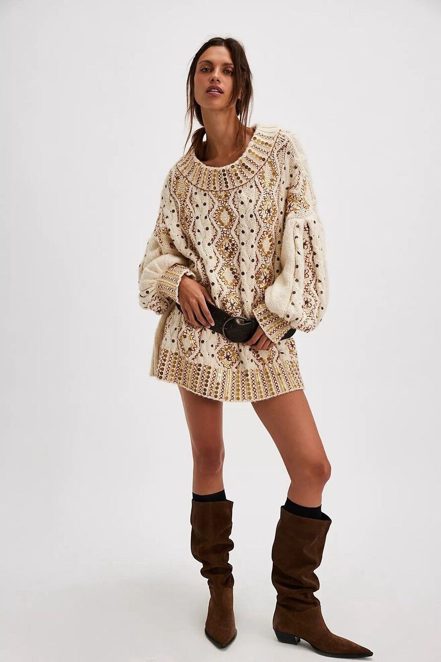 New Free People Gilded Cable Embellished Sweater